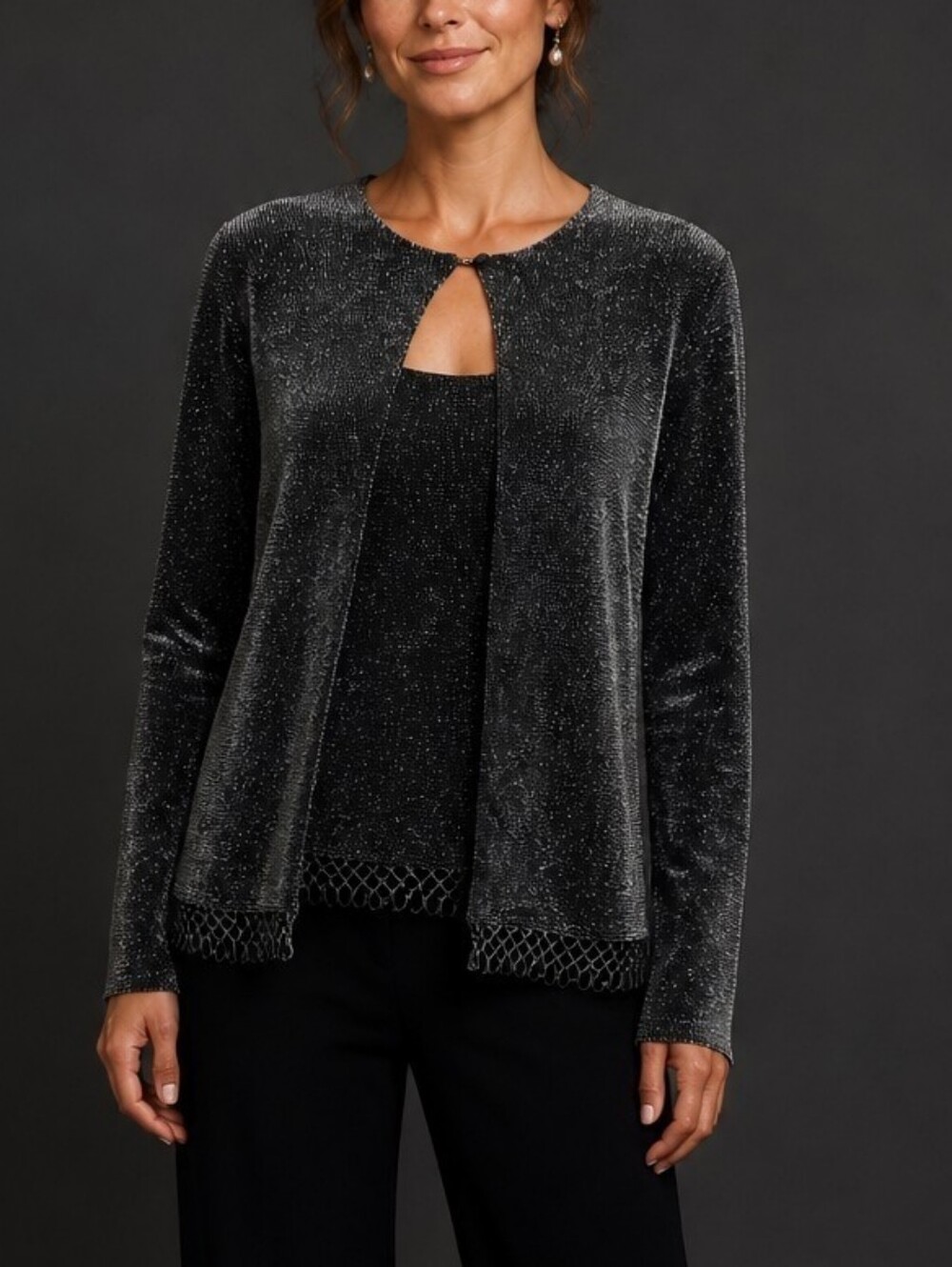 Vintage Ronni Nicole Black Sparkle Open-Front Formal Cardigan